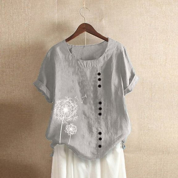 YANHAIGONG Cotton Linen Dandelion Shirts for Women Plus Size, Summer Beach Short Sleeve Casual Loose Comfy Tunic Tops,Vintage Casual Plus Size Tunic Comfy Loose Fit Tshirts