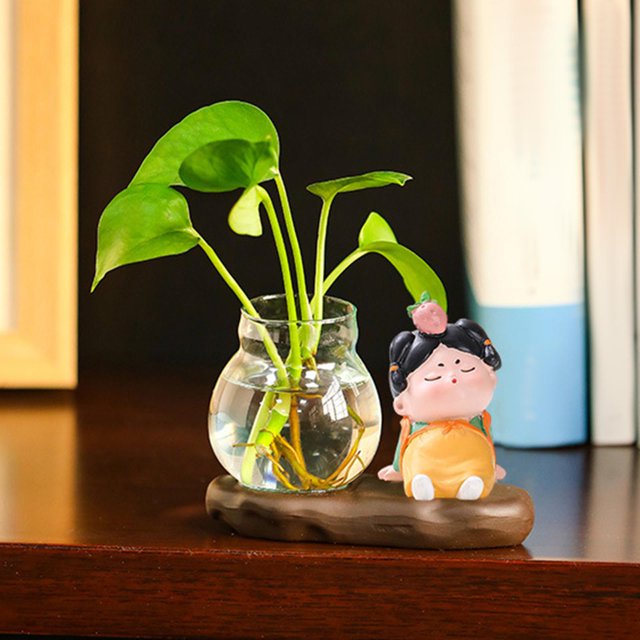 Creative Cute Tang Girl Hydroponics Florero Florero de vidrio transparente con soporte de resina Jardinera Terrario para escritorio Decoración para el EstiloC BLESIY jarrón hidropónico