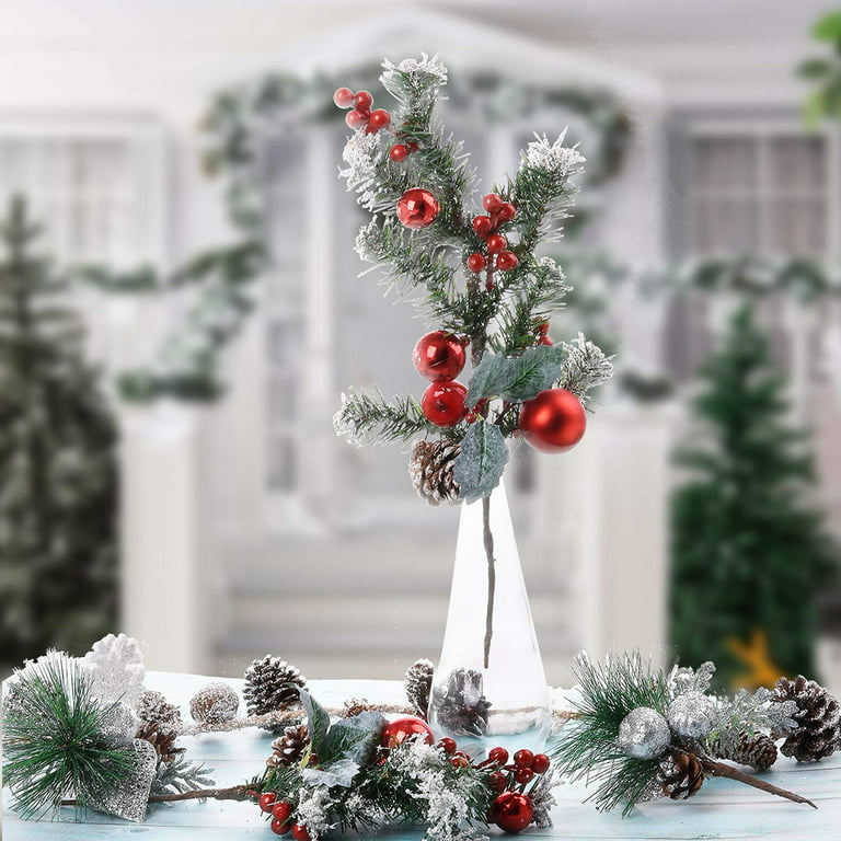 Set, 30pcs Christmas Artificial Pine Branches +10pcs Artificial Flareberry  Stem, Christmas Wreath Decor Supplies