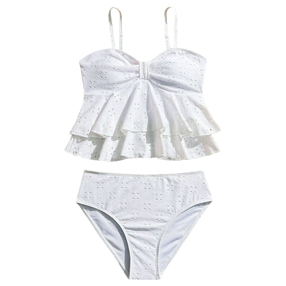 Staki Toddler Girls Two Pieces Ruffle Strap Bikini Top and Bottom Set Beach Swimsuit 7Y 8Y 9Y(White,10-11 Years)
