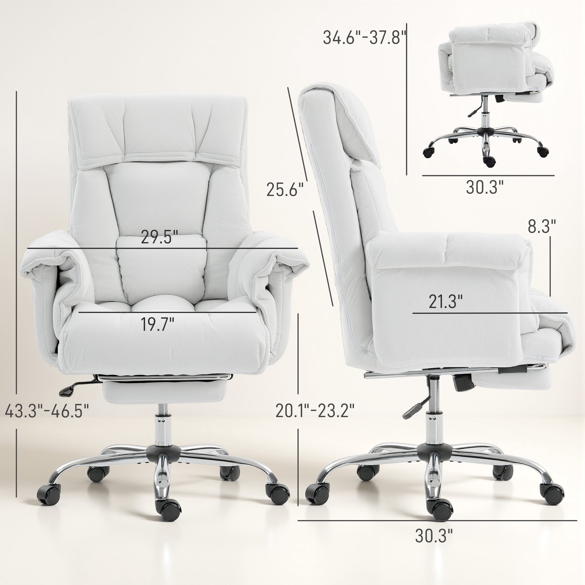 HOMCOM High Back Office Chair, Reclining Desk Chair with Footrest, Thick Cushion, High Resilience Foam, Adjustable Height, Rolling Wheels, Cream White