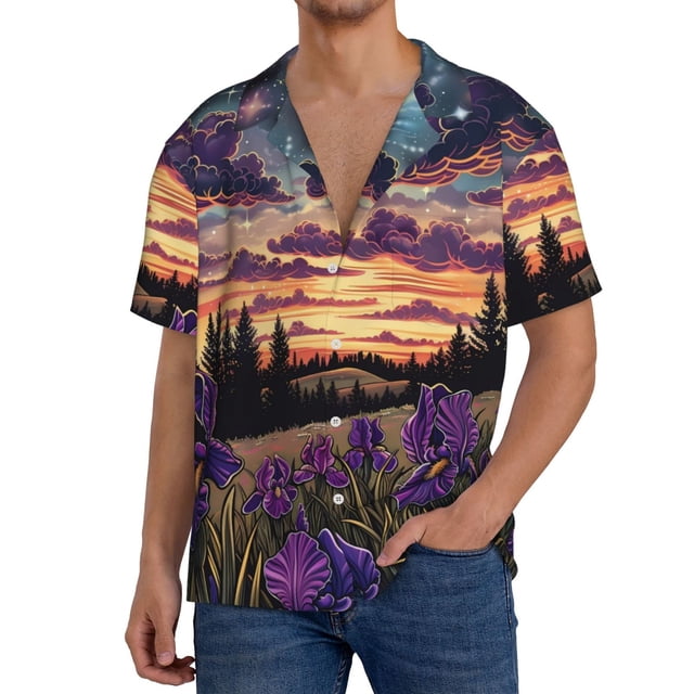 Balery Starry Night Purple Irises Camisa Casual de Manga Corta con Botones para Hombre, Texturizada, Estilo Cubano, para Playa, Verano-3X-Large