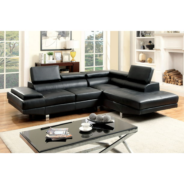 Modern Contemporary Black Bonded Leather Match Sofa Chaise Built In Console  Living Room Chrome Legs 2pc Sectional Sofa
