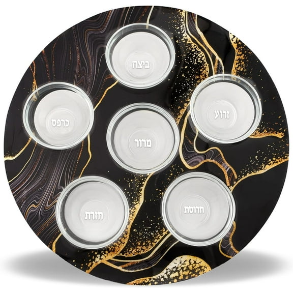 Zion Judaica Decorative Passover Seder Plate Marble Decal 12" Round Seder Tray Artistic Black & Gold Marble Pattern with 6 Glass Liners for Seder Symbolic Foods Pesach Decor Plate Pessah Dinnerware