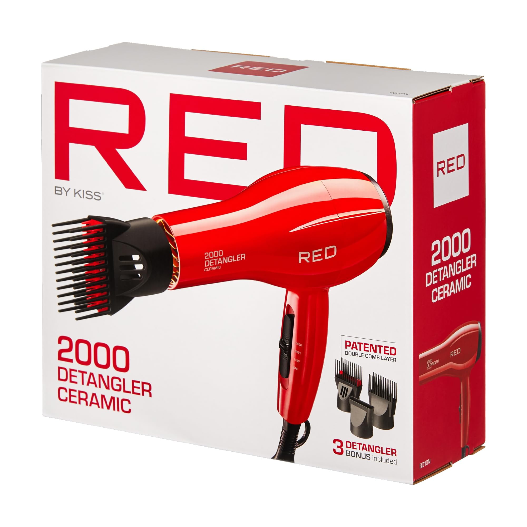 Red by Kiss 2000 Ceramic Detangler Blow Dryer, 3 Bonus Detangler