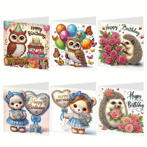 6 Pieces Diamond Art Painted Greeting Cards, Owl Hedgehog Bear 5D DIY Special Shape Diamond Card Creative Gifts, Christmas Thanksgiving Greeting Card Congratulation