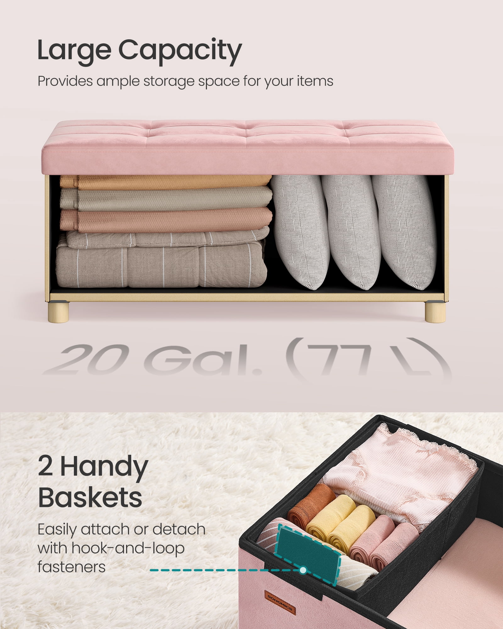 SONGMICS 30" Storage Ottoman Bench, Ottoman with Storage, 30 Gal Foot Rest Stool for Bedroom Living Room, Jelly Pink