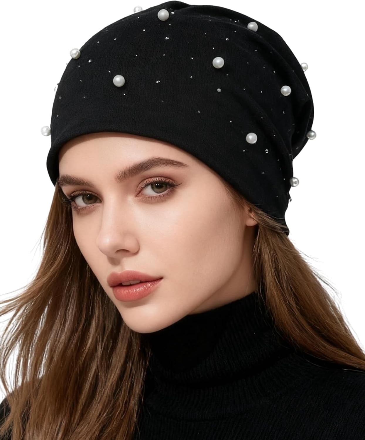 8965 Beret Hat For Women, French Pearl Rhinestone Beanie Hat Winter Warm PURFANREE Women Girls Beaded Pearl Rhinestone Wool French  main image 3