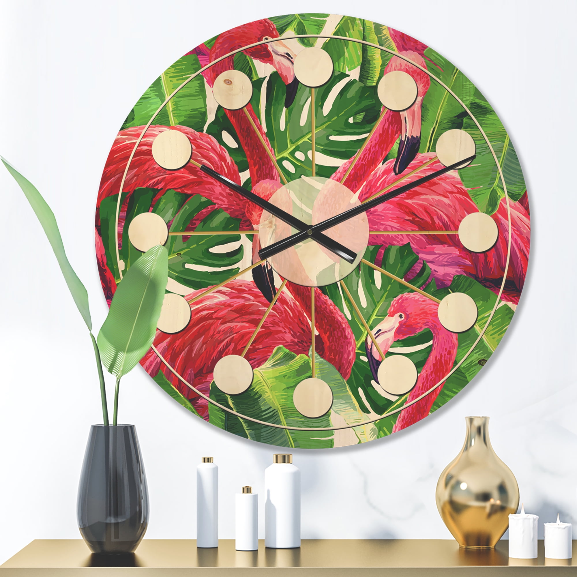 Designart 'Retro Tropical Pink Flamingo With Green Leaves' Mid-Century Modern Wood Wall Clock