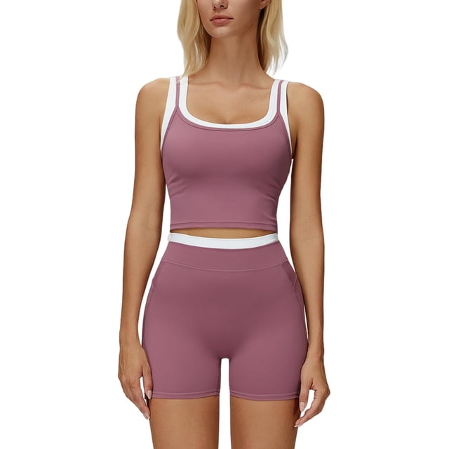 PISONIC Women Two Piece Workout Sets Color Block Backless Tank Top and High Waist Booty Lifting Shorts Gym Yoga Active Outfits