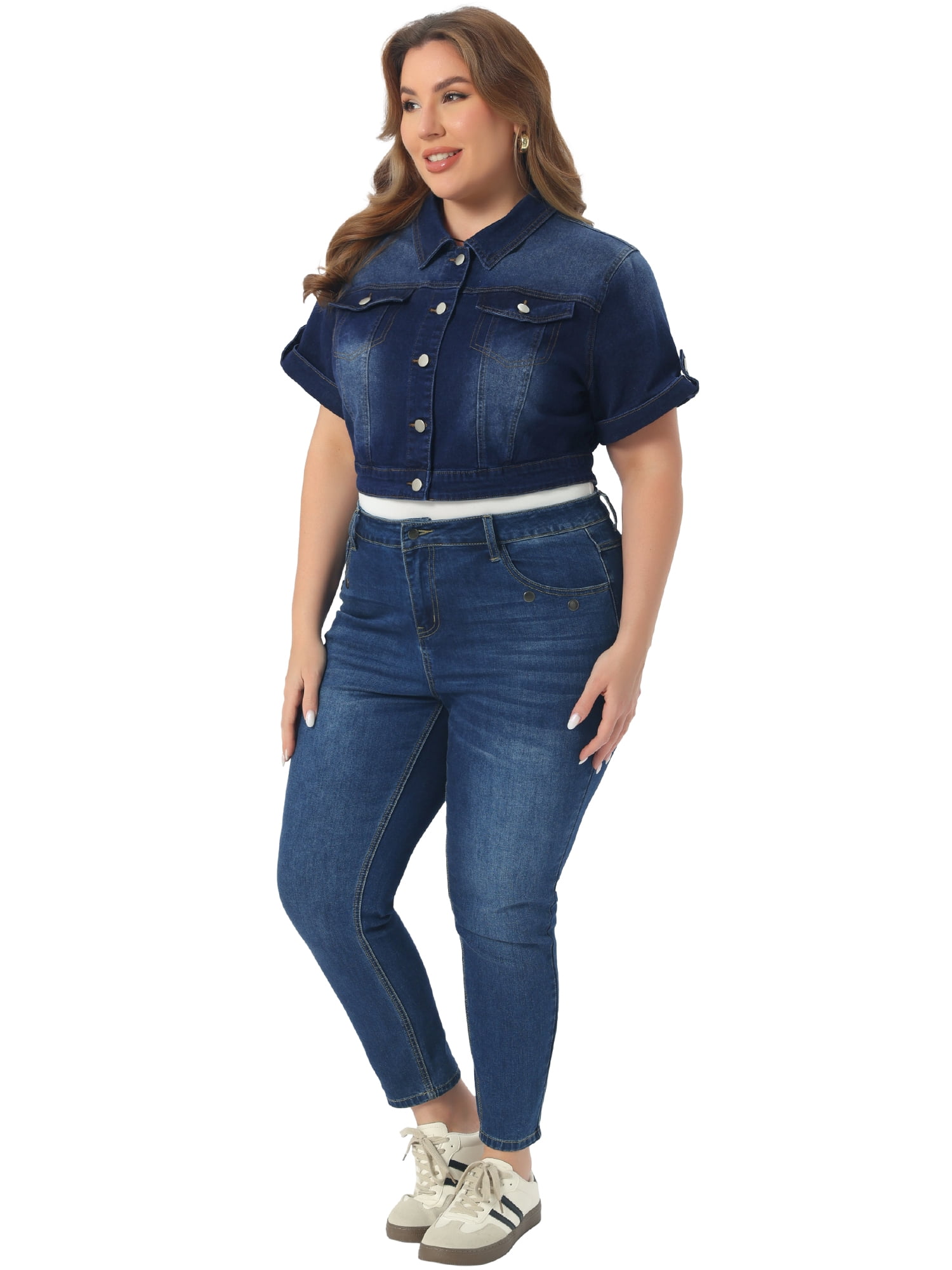 DARING DIVA Women's Plus Size Short Sleeve Button Cropped Jean Jacket 3X Black Blue