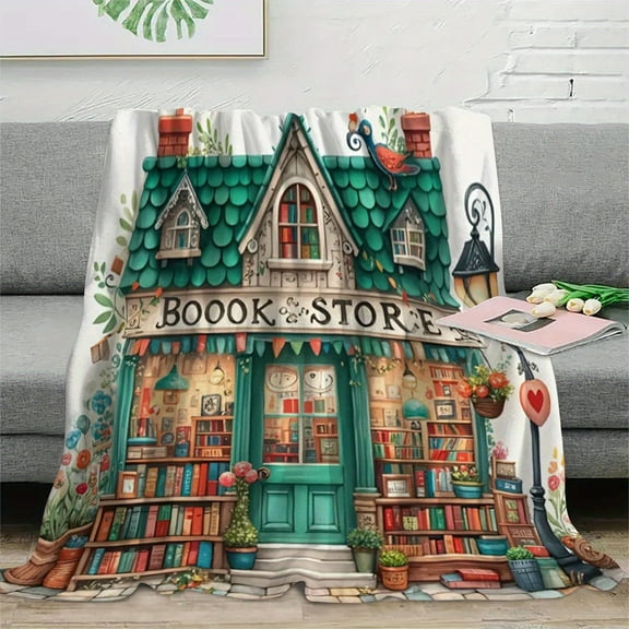 Vintage Bookstore Print Flannel Blanket - Soft Warm All-Season Throw for Home Office Dorm Camping, Cozy Gift for Book Lovers with Floral & Literary Design, Book Blanket, Dorm Room Bedding,