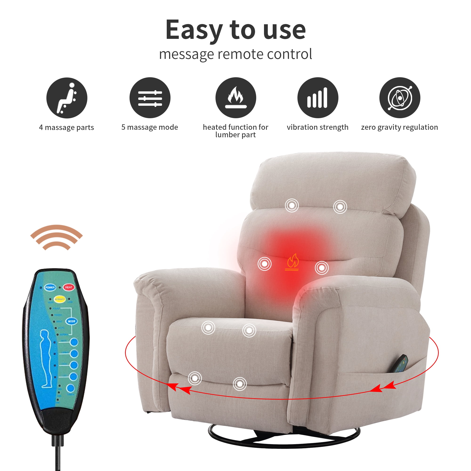 JONPONY Massage Rocker Recliner Chair with Vibration Massage and Heat for Living Room Swivel Recliner Chair with Rocking Function, Side Pocket, USB Charge Port, Beige