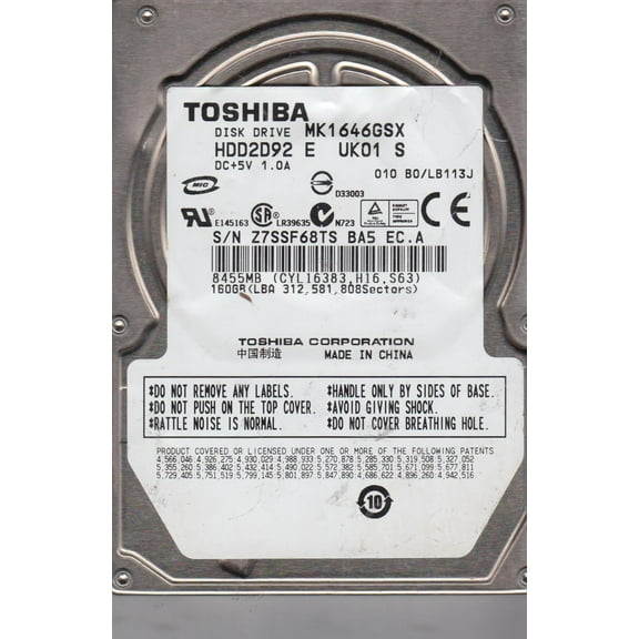 MK1646GSX, B0/LB113J, HDD2D92 E UK01 S, Toshiba 160GB SATA 2.5 Hard Drive