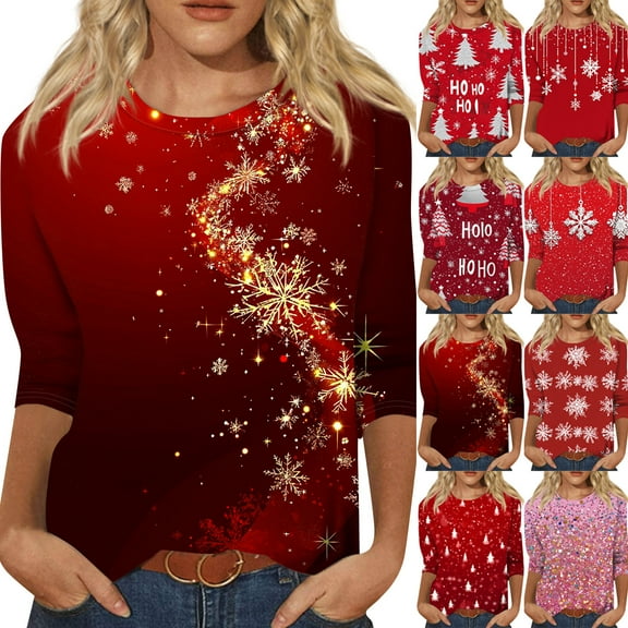 Fabrcox S-5xl Christmas Tree Printed Crewneck Womens T Shirts Xl Oversized 3/4 Sleeve Tops Round Neck Holiday Tunic Lightweight Basic Tops Red S