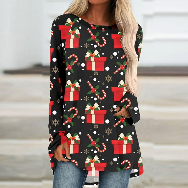 Puntoco Mujeres Casual Manga Larga Cuello Redondo tops Blusa Suelta Navidad Impreso Camisas Puntoco Puntoco-27