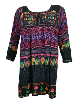 Mogul Women's Rayon Tunic Colorful Hippie Style Button Front Summer Dresses