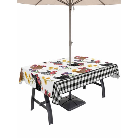 Outdoor Tablecloth with Umbrella Hole for Patio/Picnic/Party/Camping, Farmhouse Rooster Waterproof Table Cloth Rectangle Table Cover Washable, Country Watercolor Flowers Black Plaid (60"x 102")