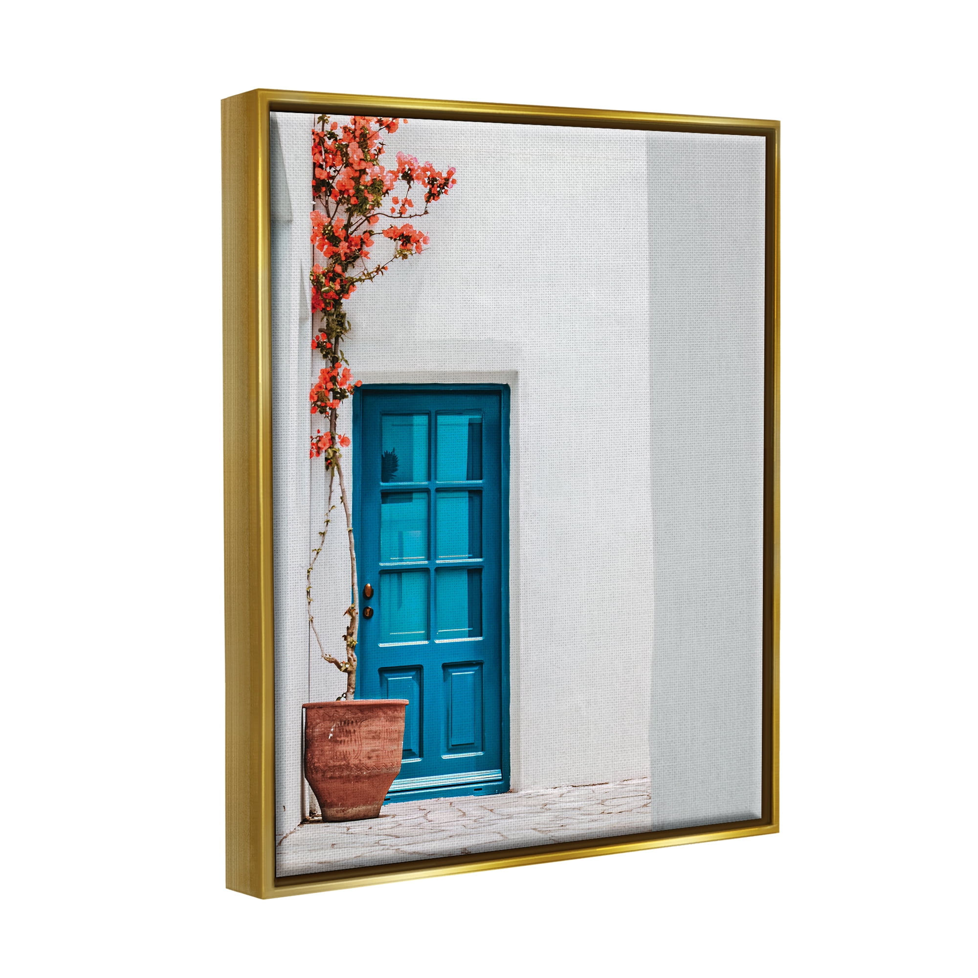 Stupell Industries Blue Door in Greece Travel & Places Photography Gold Floater Framed Art Print Wall Art, 25 x 31