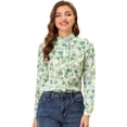 thumbnail image 1 of Camisa de manga larga con cuello simulado Allegra K volantes y botones florales para mujer Verde S, 1 of 5