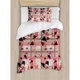 thumbnail image 3 of Coral Duvet Cover Set King Size, Heart Shaped Swirling Leaves over Striped Squared Lines Urban Life Graphic Image, Decorative 3 Piece Bedding Set with 2 Pillow Shams, Coral Grey, by Ambesonne, 3 of 3