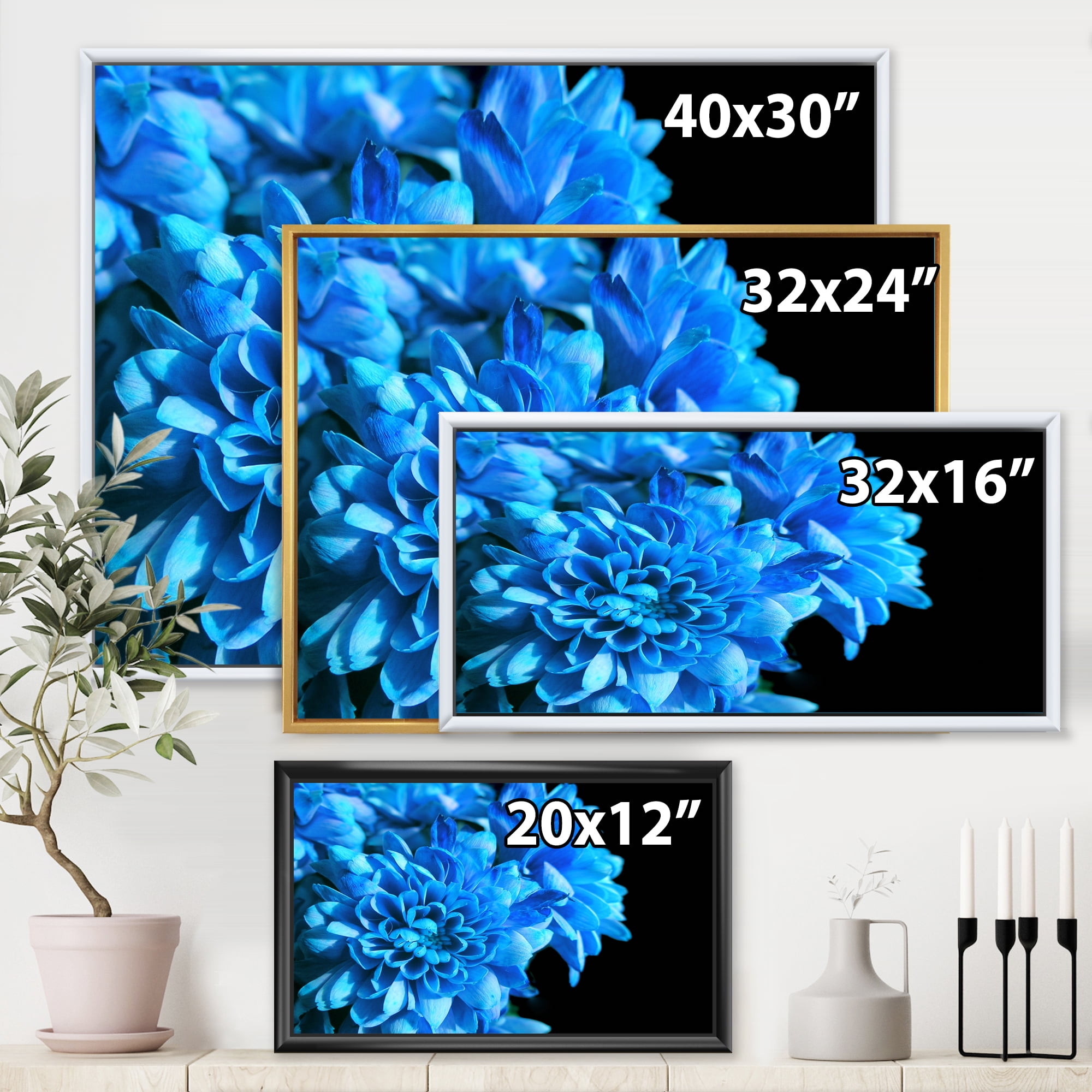 Detail of Blue Flowers On Black Background I 32 in x 24 in Framed Painting Canvas Art Print, by Designart