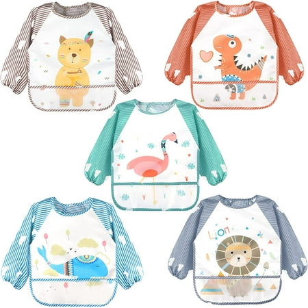 

QWZNDZGR 5 Pack Long Sleeve Baby Bibs Waterproof Sleeved Bib Toddler Baby Bibs for 6-36 Months