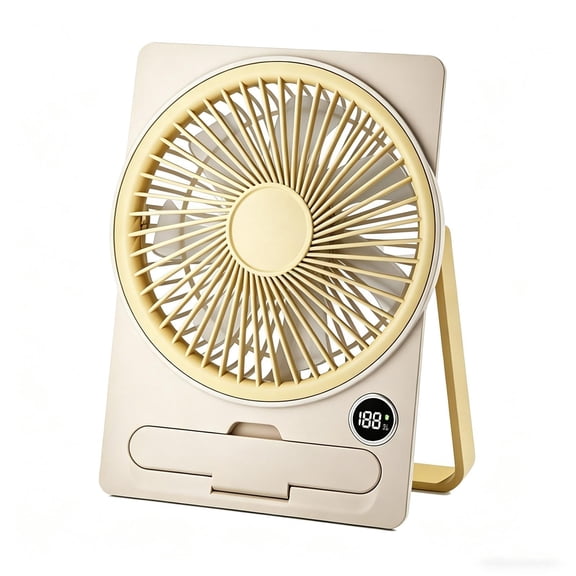 USB Rechargeable Mini Desktop Fan with LCD Display, 6 Speeds, Quiet Airflow, 180° Pivoting Head, and Phone Stand - Slim Portable Design for Office, Home, and Travel,Yellow