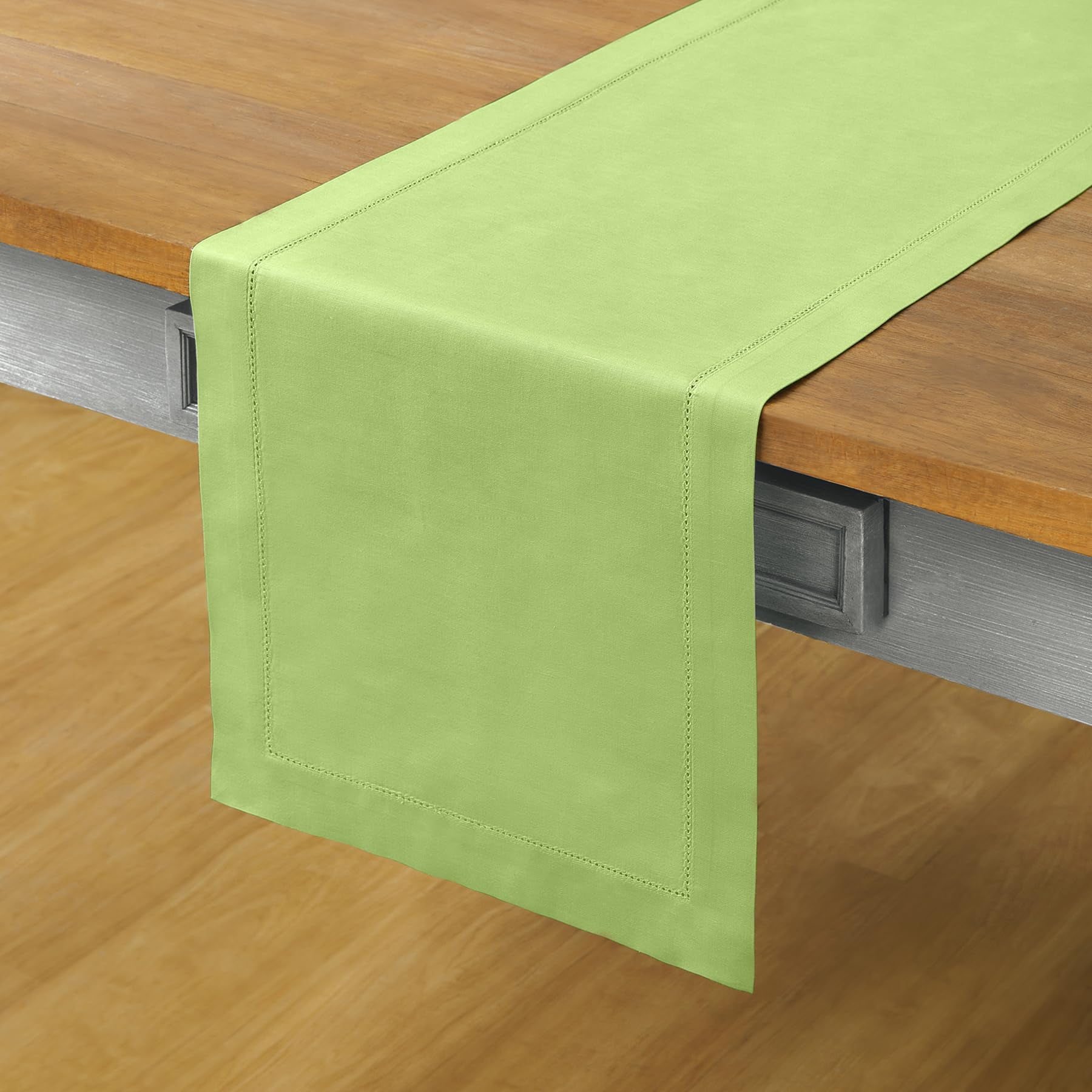 Solino Home Cotton Linen Table Runner 120 Inches Long - Hemstitch Apple Green Dining Table Runner 14 x 120 Inch for Spring, St Patricks Day, Easter, Mothers Day