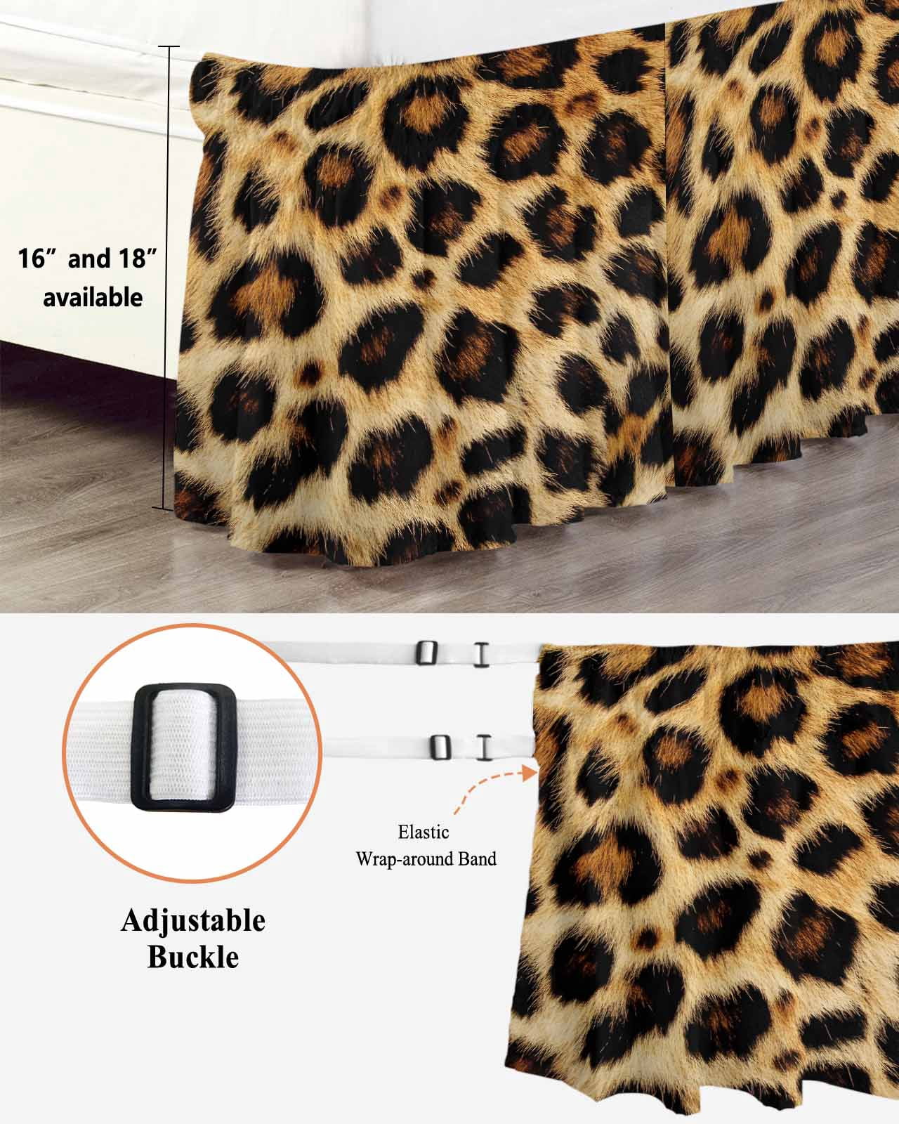Fashion Wild Style Bed Skirt King Size 18" Drop Vintage Brown Leopard Print Ruffled Wrap Around Bed Skirts Adjustable Elastic Bedskirt Dust Ruffle for King Size Bed
