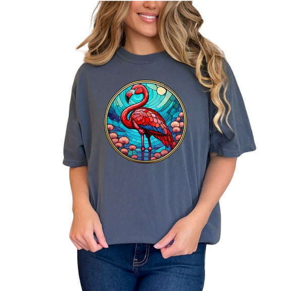 Colorful Flamingo T Shirt, Flamingo Art Tee, Vibrant Bird Graphic Shirt, Summer Beachwear, Unique Animal Design Shirt, Gift for Her, Denim Comfort Colors T-Shirt, Small