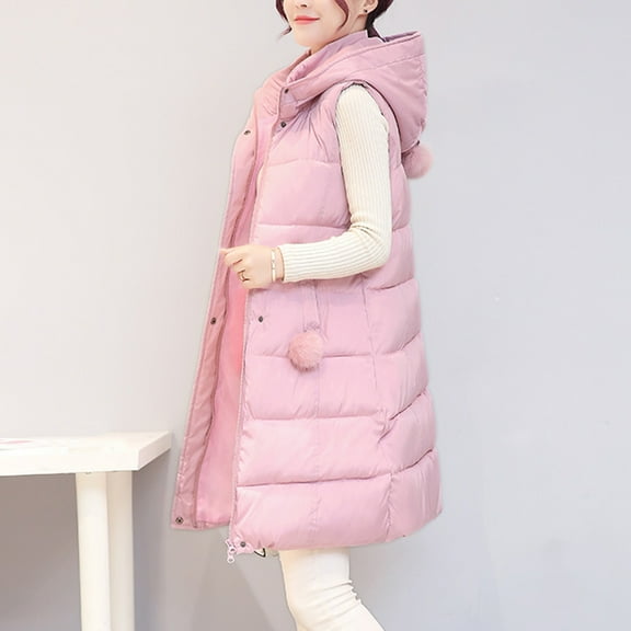 Hvyesh Women's Long Puffer Vest Plus Size Hooded Sleeveless Jackets Casual Quilted Puffer Coat Winter Thermal Gilet Outerwear