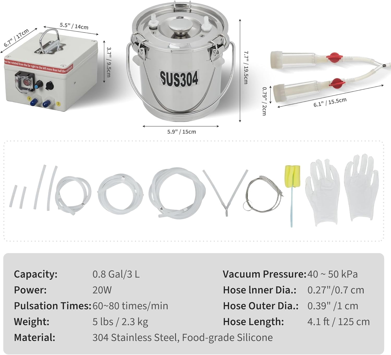 Historyli 3L Goat Electric Milking Machine, Portable Automatic Breast Pump with 2 Teat Cups, Stainless Steel Bucket