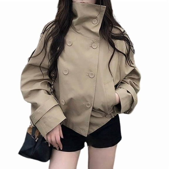 Women'S Cropped Trench Coat Double Breasted Short Jacket High Collar Spring Summer Coats Outfit Khaki L