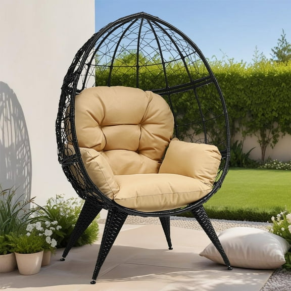 Dextrus Egg Chair Wicker Outdoor Indoor Oversized Large Lounger with Stand Cushion Egg Basket Chair 350lbs Capacity for Patio, Garden, Backyard, Black Beige