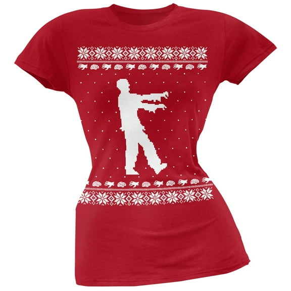 Big Zombie Ugly Christmas Sweater Red Soft Juniors T-Shirt - Small