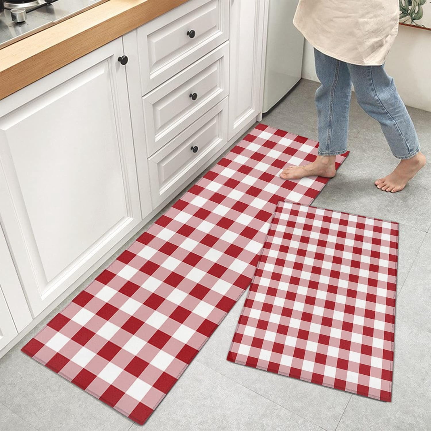 Kitchen Rugs and Mats 2 Pieces Red Buffalo Plaid Runner Rug Sets White Check Soft Comfort Standing Kitchen Mats for Floor Absorbent Area Rugs Carpet Non Slip Farmhouse Cushioned Doormat Home Decor