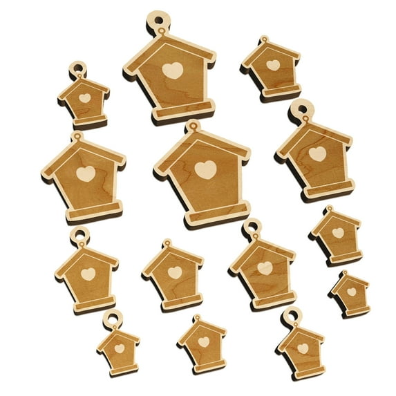 Birdhouse Silhouette with Heart Wood Mini Charms Shapes DIY Craft Jewelry - No Hole - 30mm (6pcs)