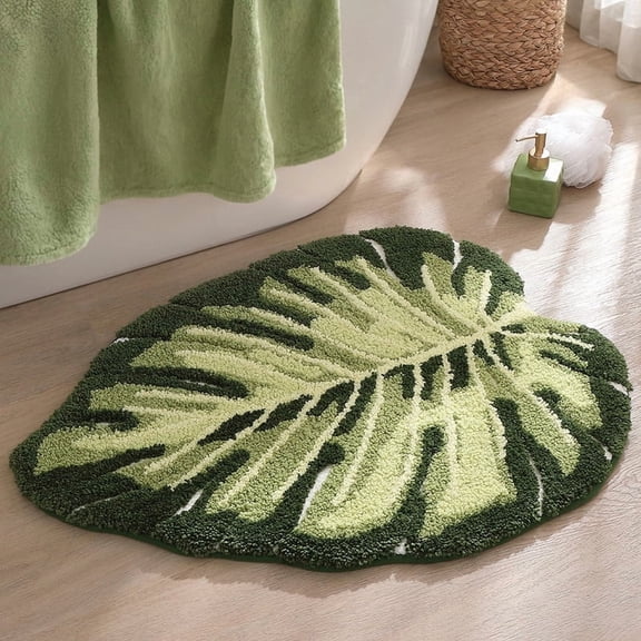 Monstera Leaf Bathroom Rug, Leaf Bath Mat Non Slip Washable Bathrug for Bathroom Floor, Soft, Fluffy, Plush, Absorbent, Non Slip, Machine Washable for Shower Floor, Bathroom, Bedroom, 19.69"x31.5"