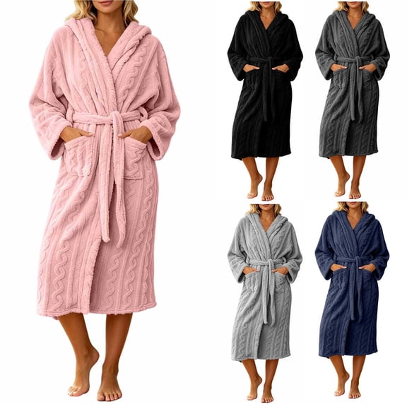 AnuYalue Womens Plush Fleece Robe Soft Cozy Long Bathrobe Warm Housecoat with Pockets Winter Long Sleeve Nightgown