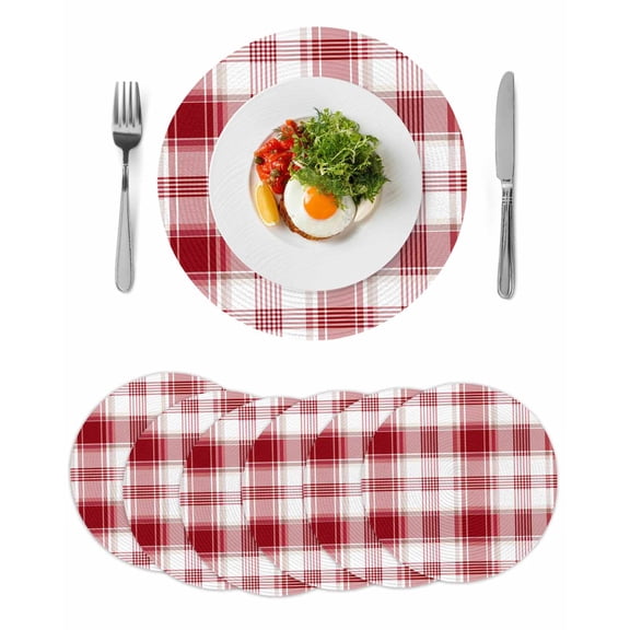 Red Checkered Round 13 Inch Placemats Set of 6, Red White Plaid Farmhouse HeatResistant Non Slip Place Mats for Dining Table, Wipeable Braided Kitchen Table Mats for Housewarming
