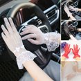 thumbnail image 2 of Visland 1 Pair Women Prom Gloves See-through Lace Bow Rhinestone Decor Hollow Out Fishnet Ruffle Edge Thin Full Finger Performances Bride Wedding Glove, 2 of 8
