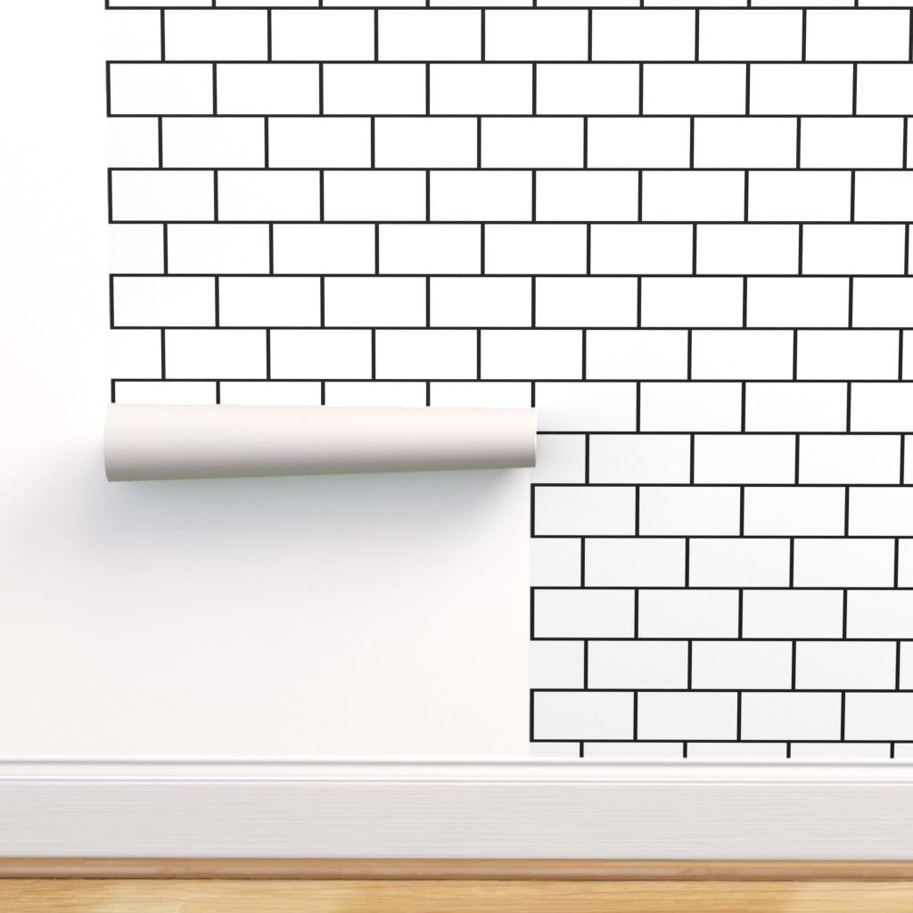 Peel & Stick Wallpaper 12ft x 2ft - Tile Black White Texture Tiles  Monochrome Brick Minimalist Geometric Boy Kitchen Decor Lines Custom Removable  Wallpaper by Spoonflower 