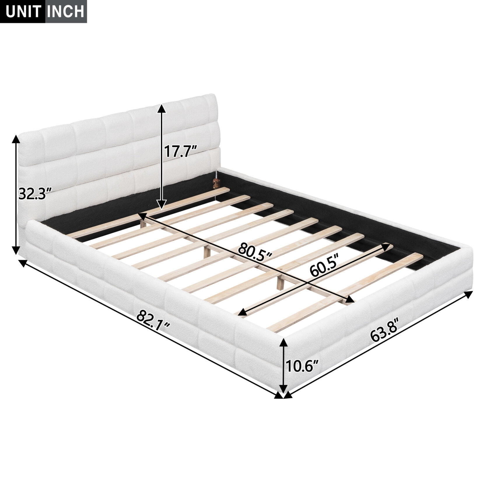 Queen Size Platform Bed, Boucle Upholstered Wooden Bed Frame with Headboard, Floor Bed with Slats Support, Noise Free, No Box Spring Needed, White