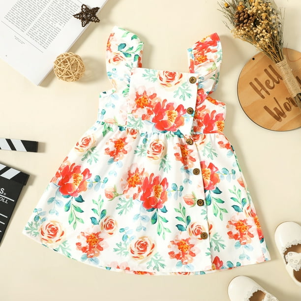 PatPat Toddler Girl Floral Print/Coral Red Square Neck Button Design  Flutter-sleeve Dress,Sizes 18M-6Y,One Piece