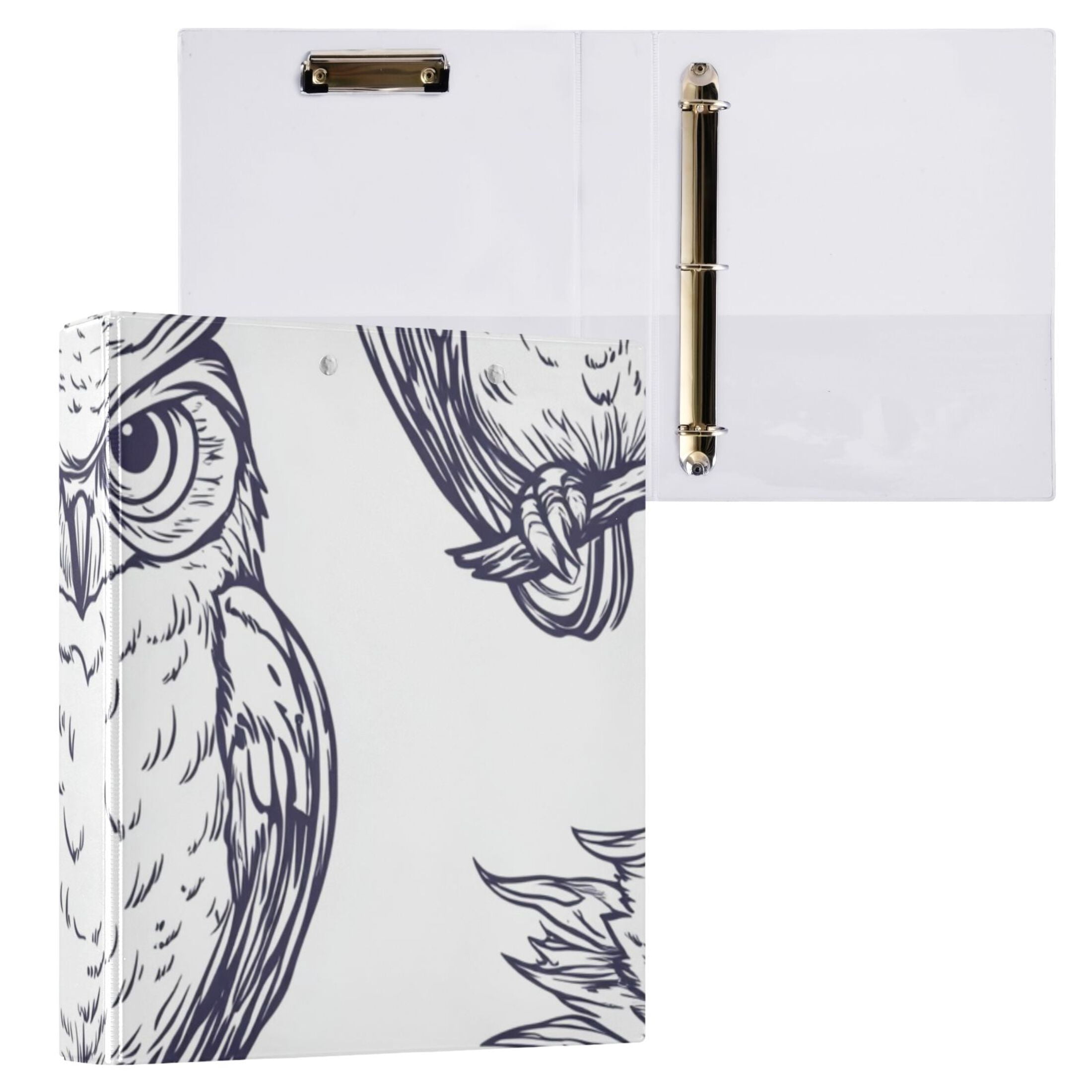 One Line Owls 3 Ring Binders 1.5 inch Hardcover File Folders with Interior Pockets A4 Size Organizer for School Office Hospital