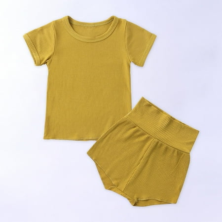 

CHGBMOK Clearance Toddler Kids Baby Boys Girls Fashion Cute Solid Color Short Sleeve High Waist Shorts Cotton Casual Suit