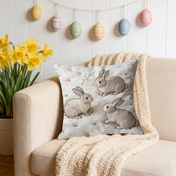Decoraciones de Pascua, funda de cojín con conejos bordados con temática de Pascua, funda de almohada suave para sofás y sillas, ideal para decorar sofás y dormitorios de Pascua, funda de almohada de