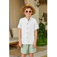 thumbnail image 5 of Arshiner Boy's Summer Beach Outfits 2 Piece Short Sleeve White Shirt and Green Shorts Vacation Texture Sets for Kids 10-11 Years, 5 of 8