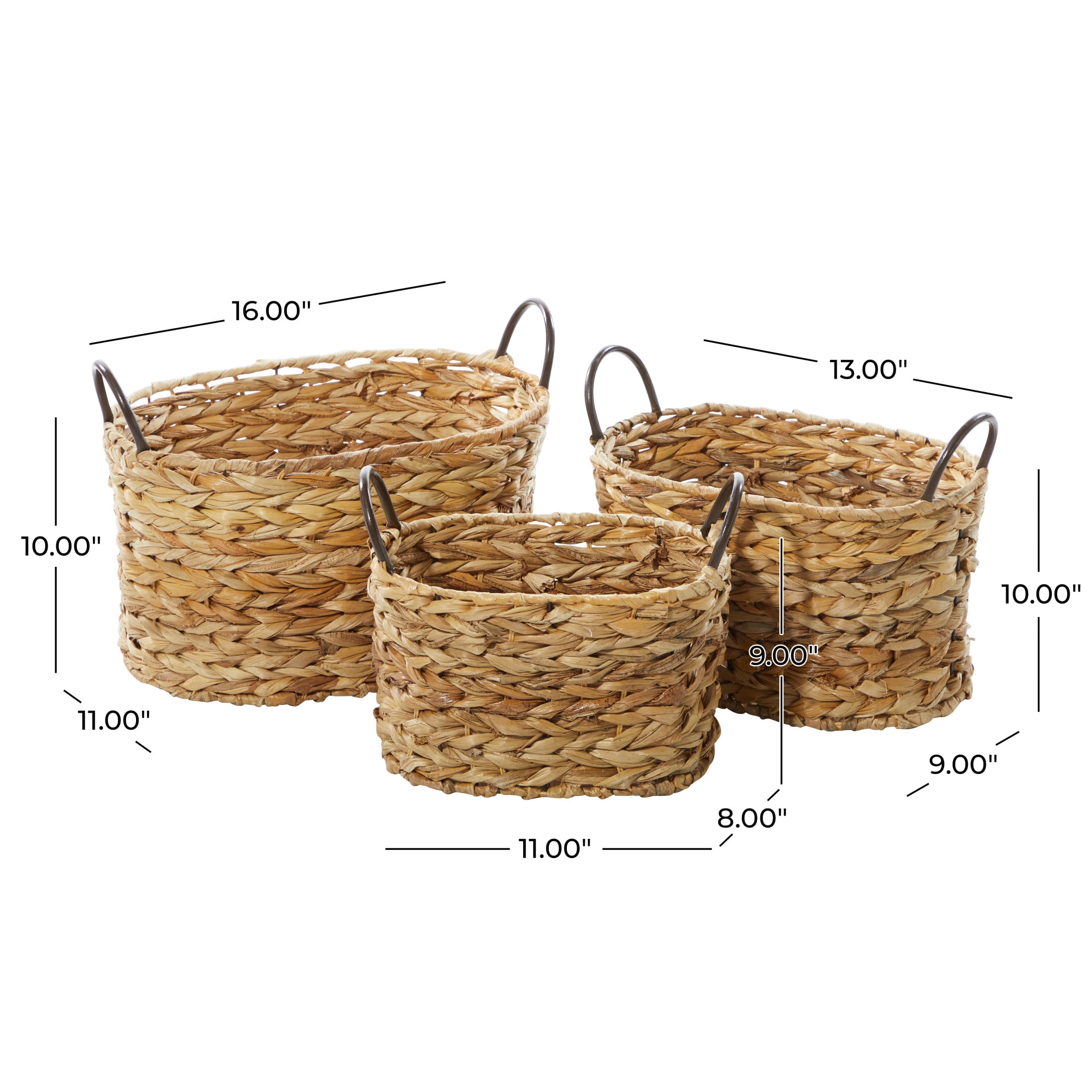 DecMode 16", 13", 11"W Brown Metal Handmade Storage Basket with Metal Handles, 3-Pieces
